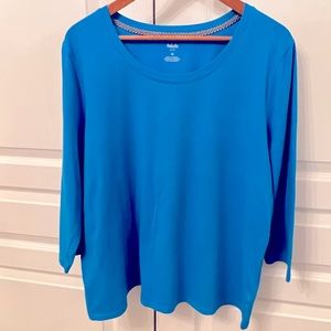 3X Cerulean Blue Tee 3/4 Length Sleeve Scoop Neck Cotton T-Shirt Plus Size Woman